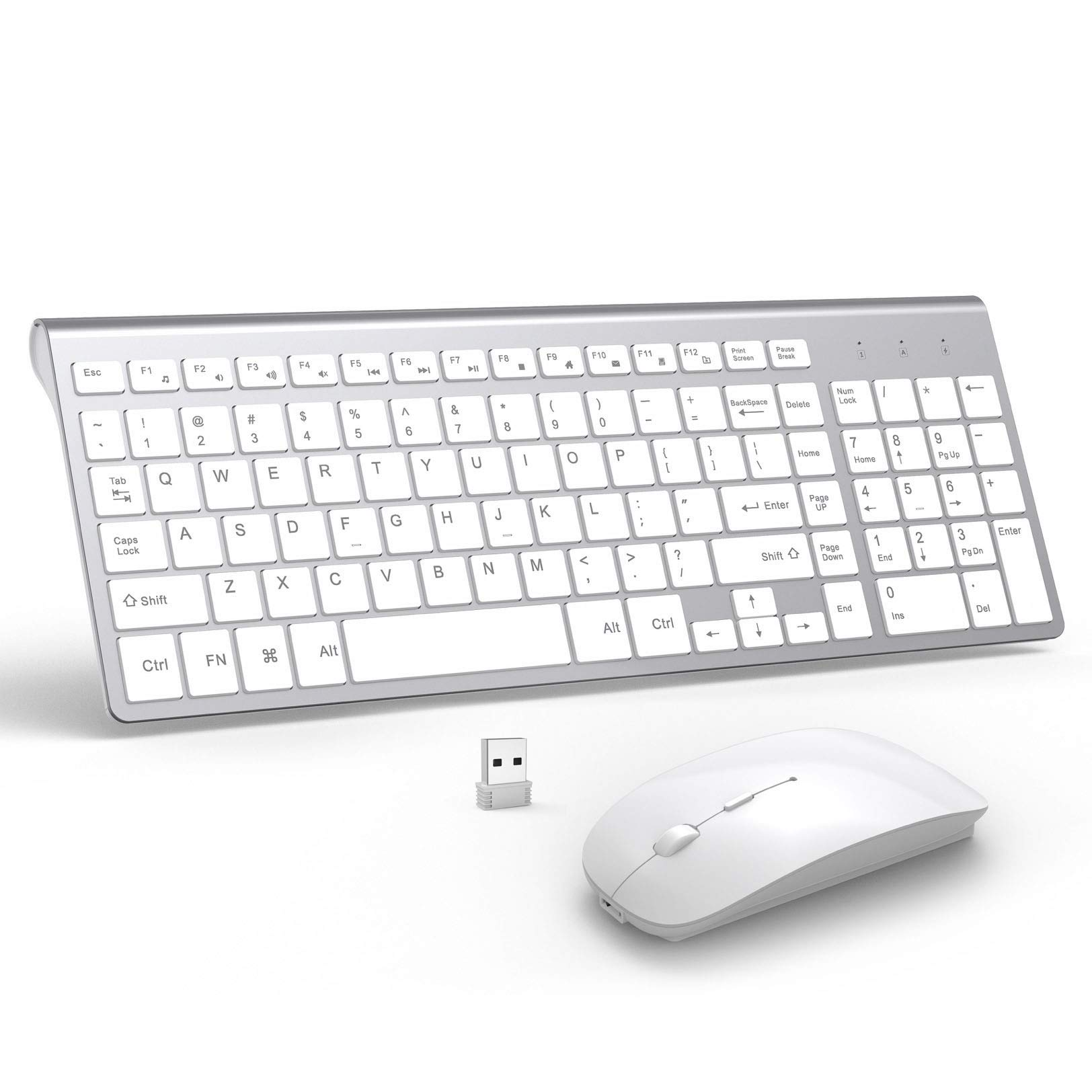 Wireless Keyboard and Mouse Combo, Gamcatz Ultra Thin Full Size Keyboard with Number Pad and Rechargeable Slient Click Mouse for Mac iMac MacBook Air PC Laptop Tablet Computer Windows-Silver White
